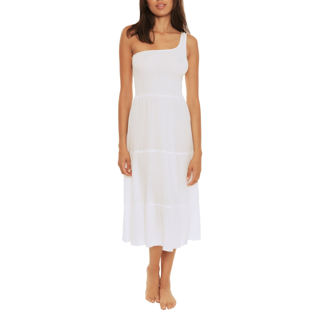 BECCA Womens‎ Dress One Shoulder Ponza Smocked Gauze Cover-up White Size M NWT